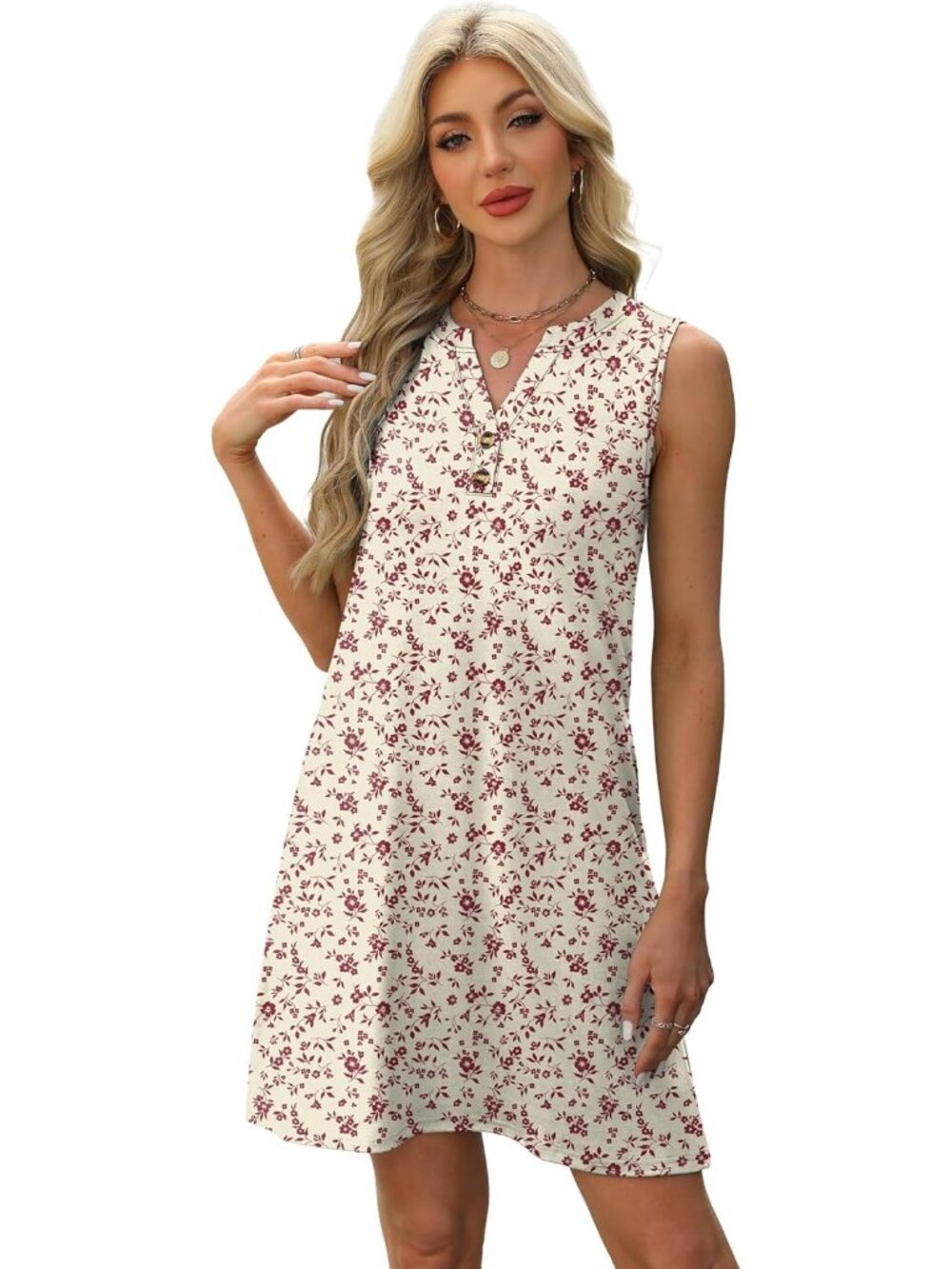 Women's Floral White Red Dresses Women Beach Vacation Clothes Button Mini Dress - Picture 4 of 6